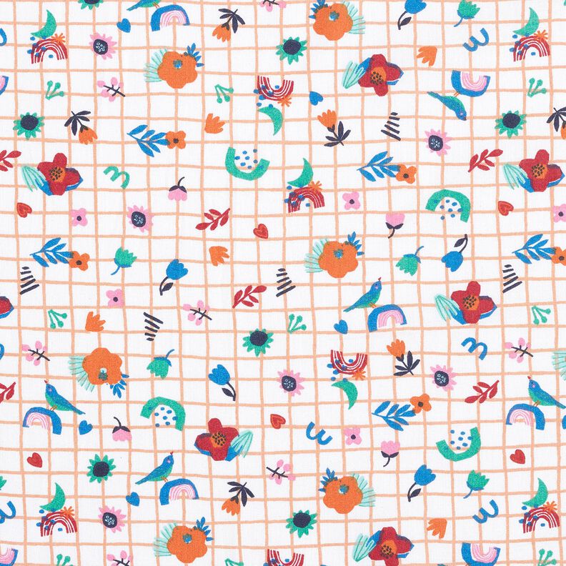 Katoenen stof Cretonne Geruit met bloemen – wit/pepermunt,  image number 1