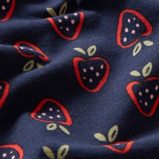 Katoenjersey Gestileerde aardbeien – marineblauw/vuurrood, 