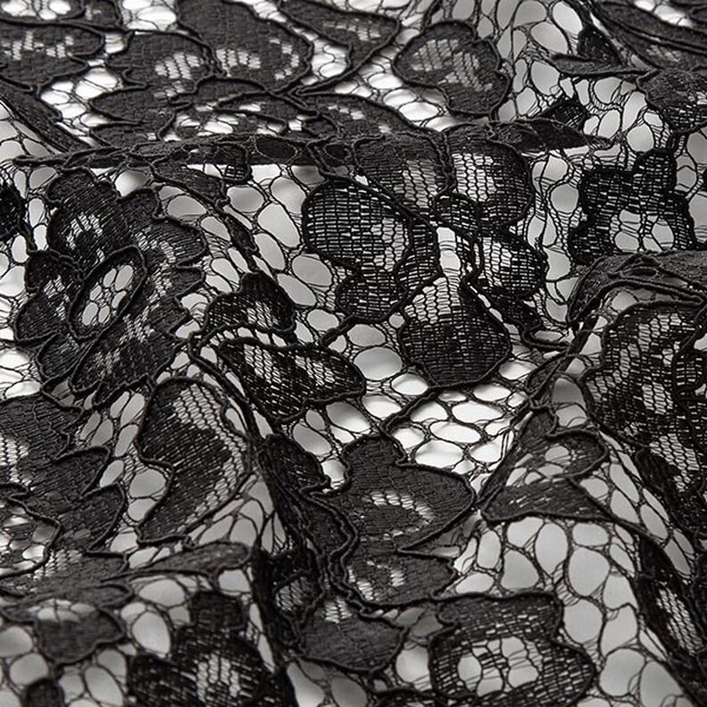 Kanten stof met golvende rand met bloesems aan beide zijden – zwart,  image number 3