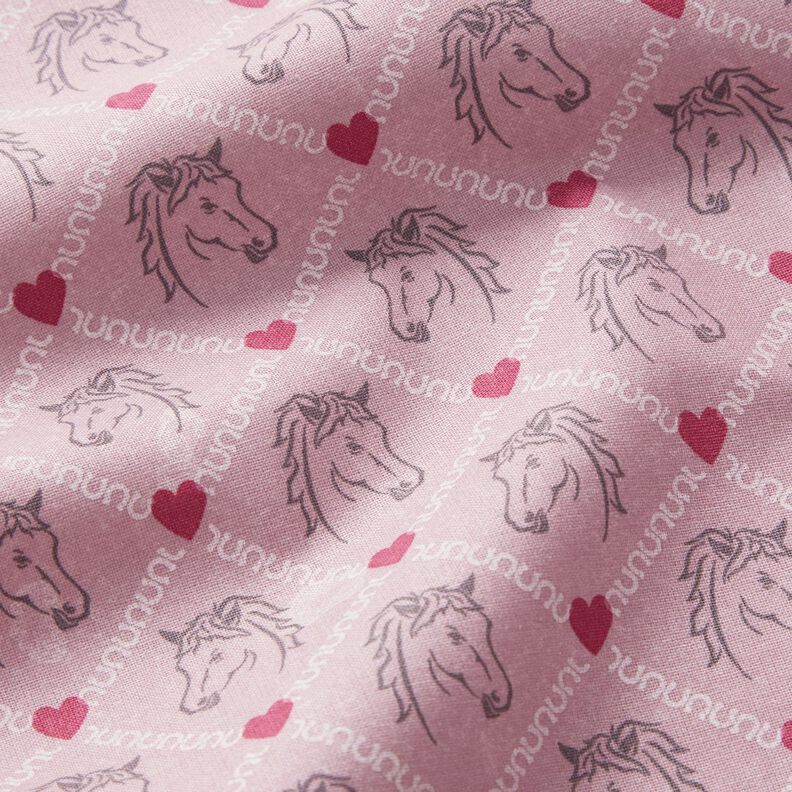 Katoenen stof Cretonne Paarden en harten roze – roze,  image number 2