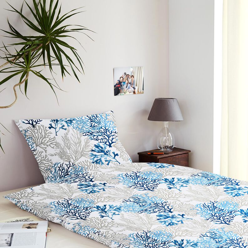 Katoenen stof Cretonne grote koralen – wit/blauw, image number 8