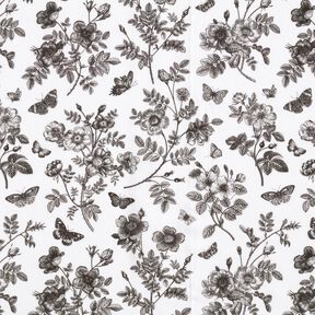 Viscosestof Bloemen en vlinders – wit/zwart, 