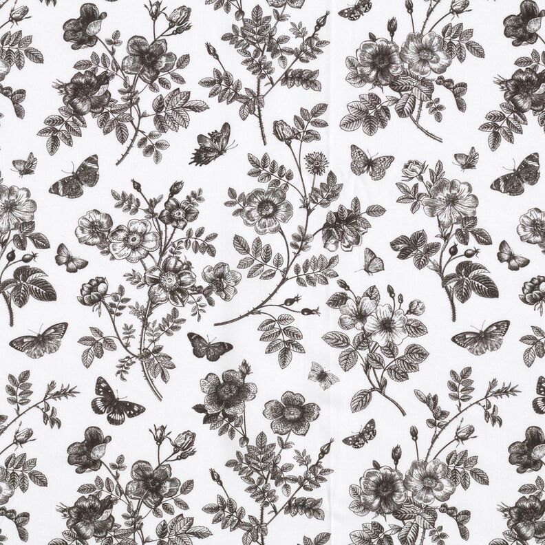 Viscosestof Bloemen en vlinders – wit/zwart,  image number 1