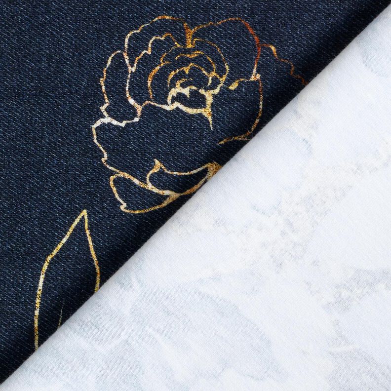 Katoenjersey Stof voor rand met bloemen in gouden glitters | Glitzerpüppi – nachtblauw/jeansblauw,  image number 4