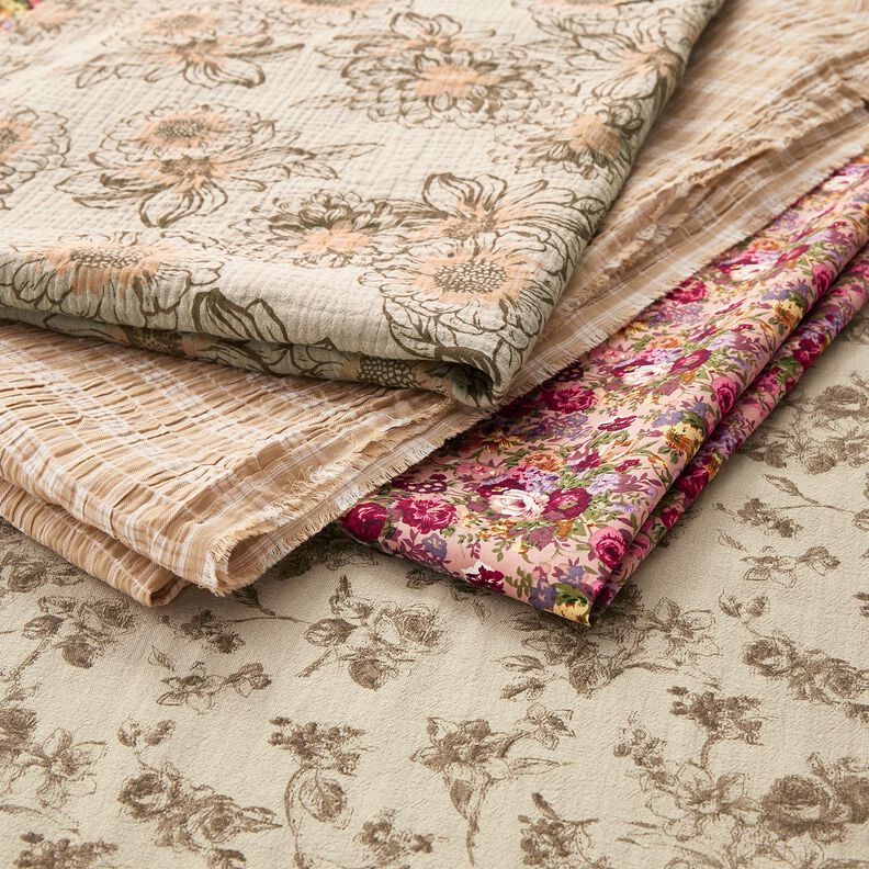 Katoenen stof  antieke rozen – licht taupe/duingeel,  image number 5