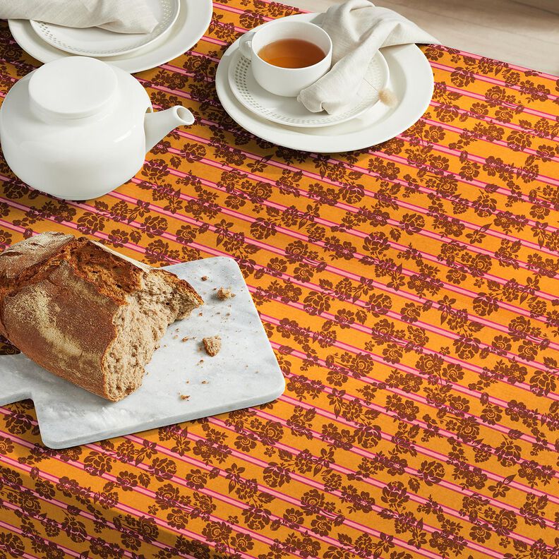 Katoenen stof Cretonne Bloemen op strepen – currygeel/purper,  image number 5