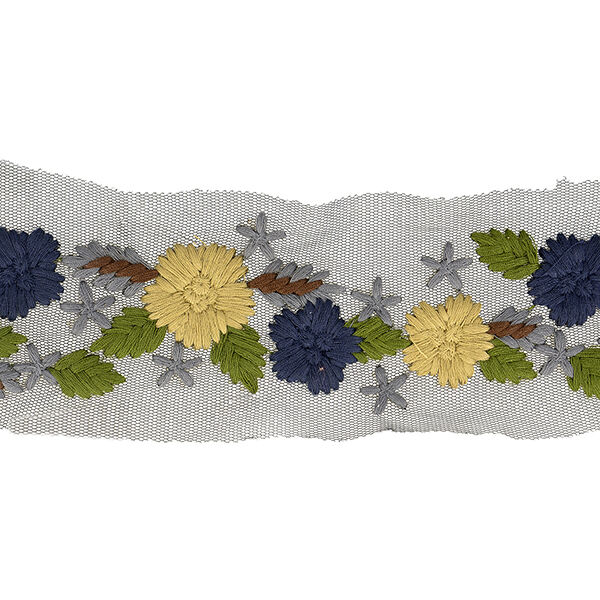 Tule band bloemen borduursel  – marineblauw/beige,  image number 1