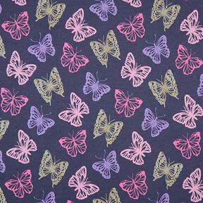 Katoenjersey Glittervlinders – zwart blauw, 