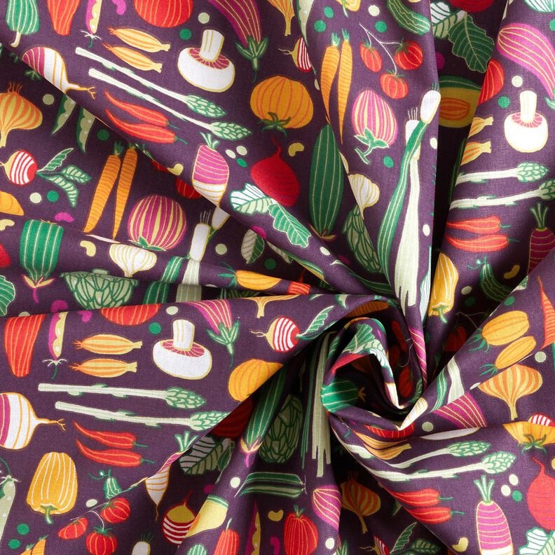 Katoenen stof Cretonne Verschillende groenten – aubergine/groen, image number 3