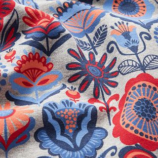 French Terry sommersweat Folklore bloemenweide – zilvergrijs/vuurrood, 