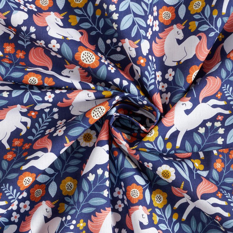 Katoenpopeline Bloemen-eenhoorn Digitaal printen – indigo,  image number 3