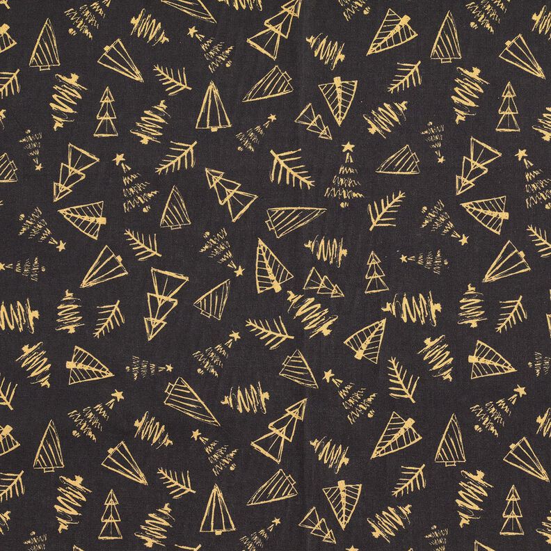 Katoenen stof Cretonne elegante sparrenbomen – zwart/goud,  image number 1