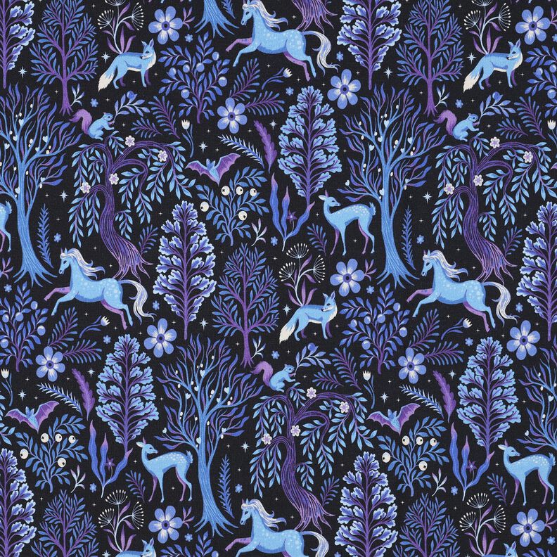 French Terry sommersweat Sprookjesbos Digitaal printen | Poppy Fabrics – zwart blauw/roodlila, image number 1