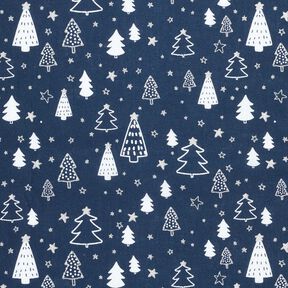 Katoenen stof Popeline kleine kerstbomen – marineblauw/wit, 