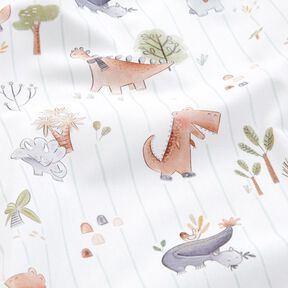 Katoenpopeline Dinosaurussen en strepen Digitaal printen – wit/riet, 