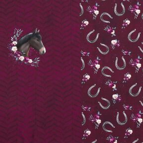 Katoenjersey Bloemen paarden Panel | Glitzerpüppi – bordeauxrood, 