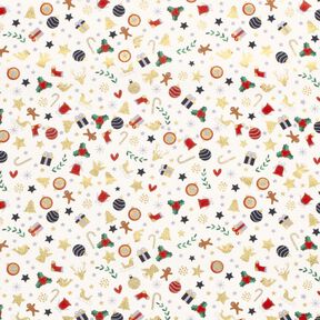 Katoenen stof Popeline kleine kerstmotieven – lichtbeige/goud, 