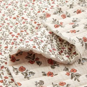 Mousseline Doorgestikte stof romantische bloemen – ecru/licht bessen, 