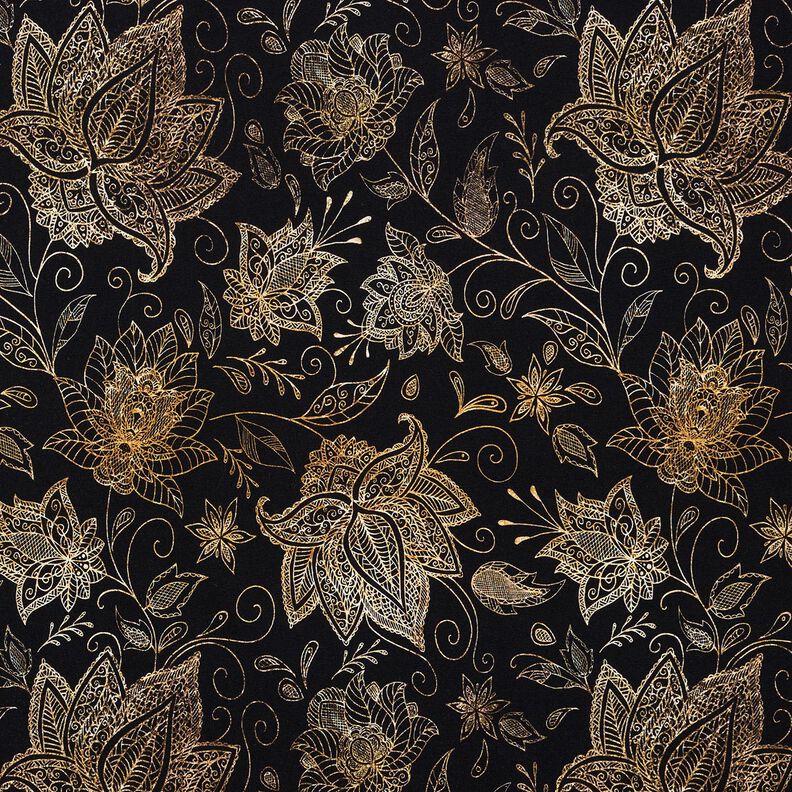 Katoenjersey gouden mandala bloemen | Glitzerpüppi – zwart/goud,  image number 1