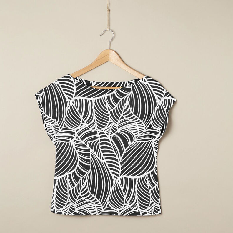 Viscosejersey abstracte bladeren – zwart/wit,  image number 6