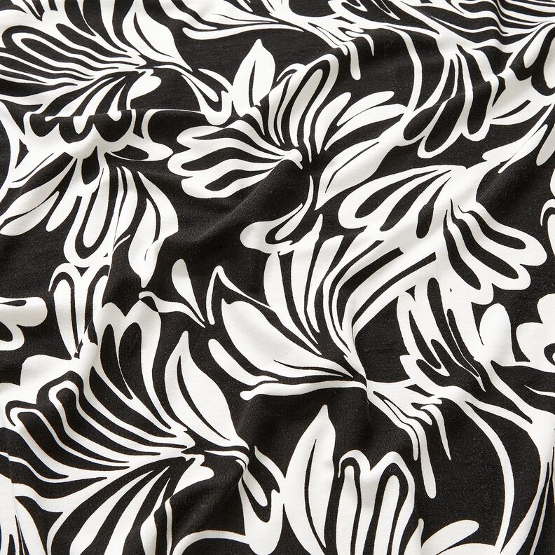 Viscosejersey Abstracte bloemen – zwart/ivoor, image number 2