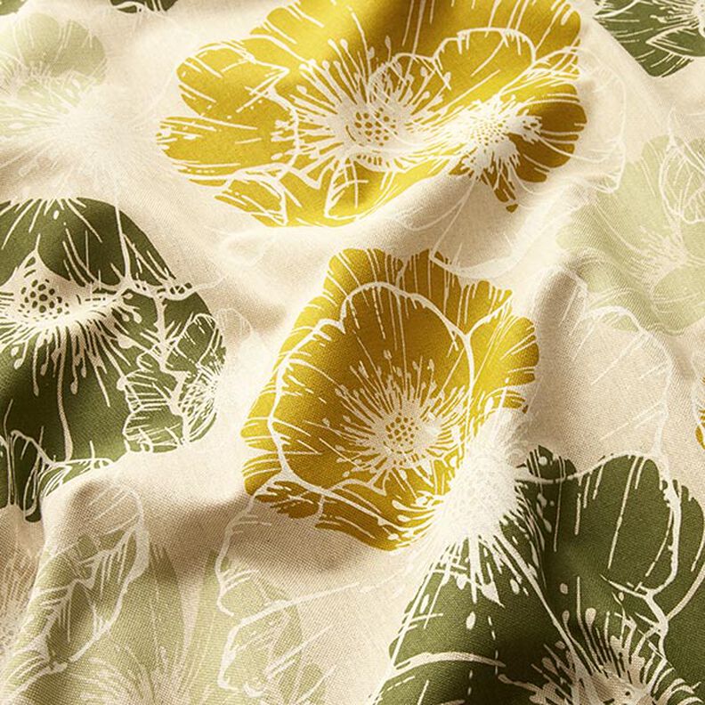 Decostof Half panama indrukwekkende bloemen – geel olijfgroen/natuur,  image number 2