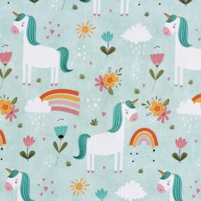 Katoenpopeline Eenhoorn in de regenboogwereld Digitaal printen – ijsblauw, 