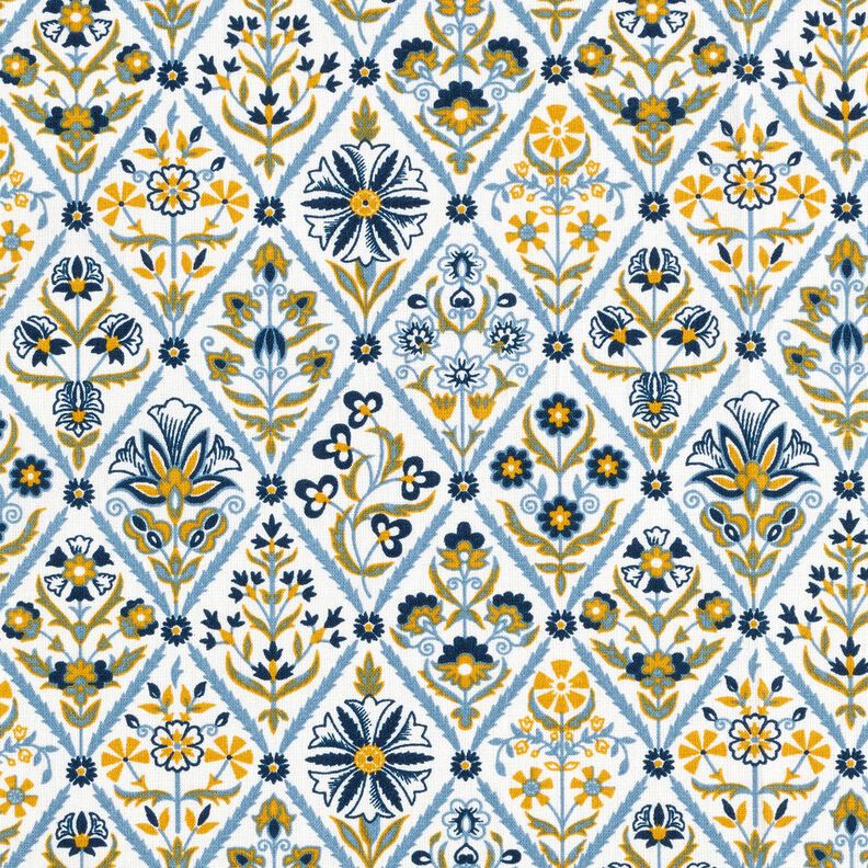 Katoenen stof Cretonne Bloemen-vakjes – wit/stralend blauw,  image number 1