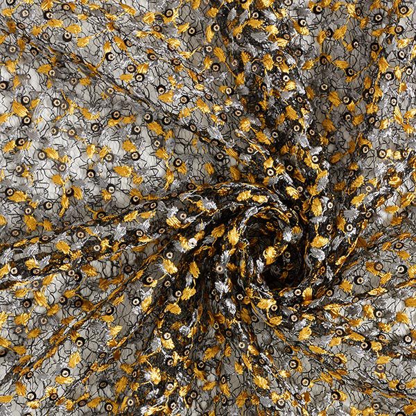 Kanten stof bloemenranken en pailletten – zwart/goud,  image number 3