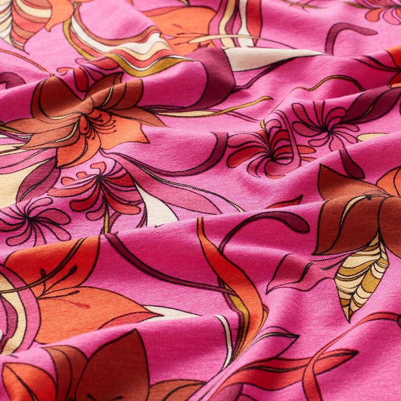 Viscosejersey Delicate bloemen – purper/vuurrood, image number 2