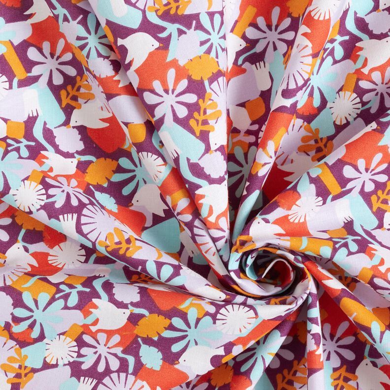 Katoenen stof Cretonne Vogels en bloemen – druif/pastelviolet, image number 3