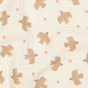 GOTS Mousseline/dubbel gehaakte stoffen Vogels en harten | Poppy Fabrics – ecru, 