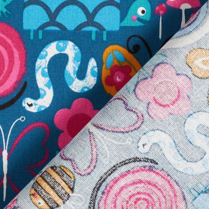Katoenen stof Cretonne Vlinders en bijen – oceaanblauw/intens roze, image number 4