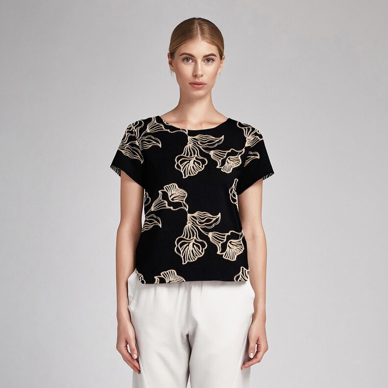 Viscosestof lelieborduurwerk, zwart &ndash; zwart/cr&egrave;me,  image number 6