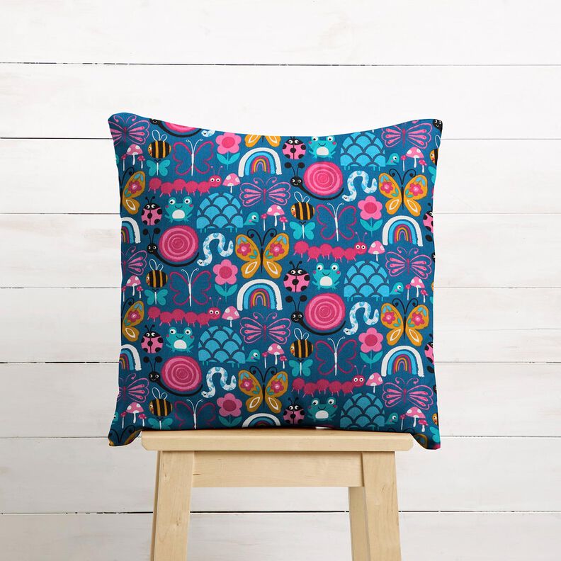 Katoenen stof Cretonne Vlinders en bijen – oceaanblauw/intens roze, image number 7