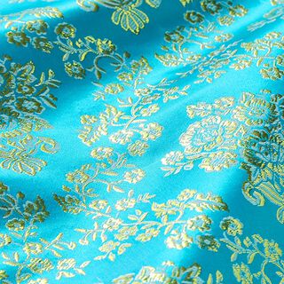 Kledingsjacquard metallic bloemen – turkoois/goud, 