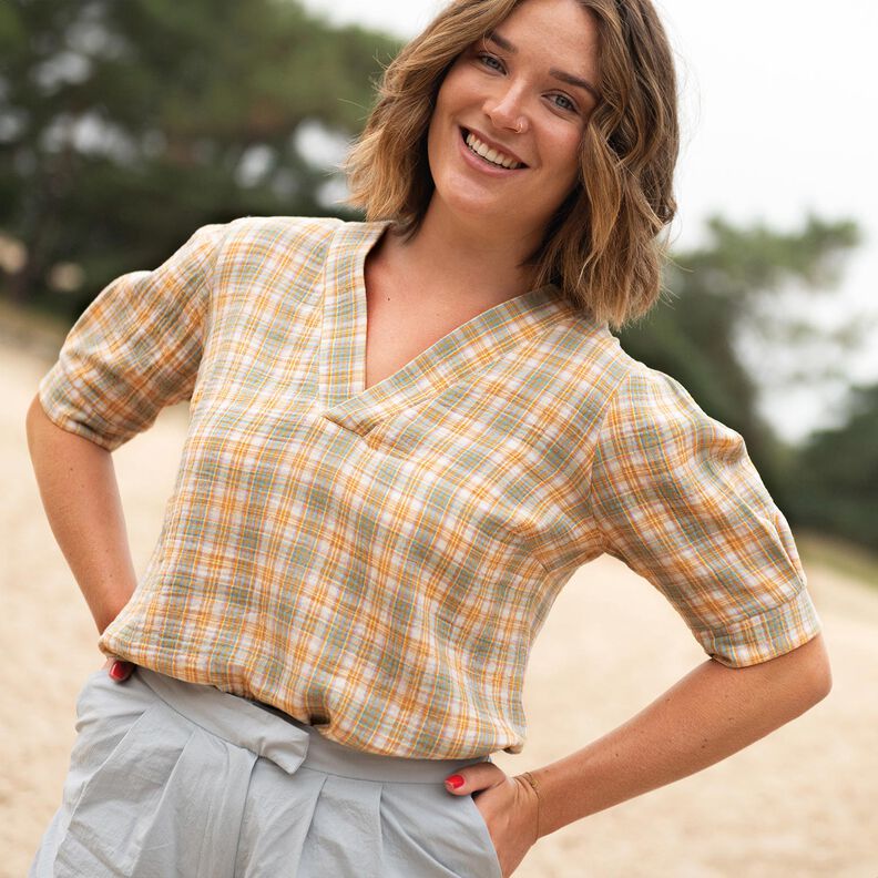 Mousseline/dubbel gehaakte stoffen Ruit| Poppy Fabrics – currygeel/salie,  image number 5