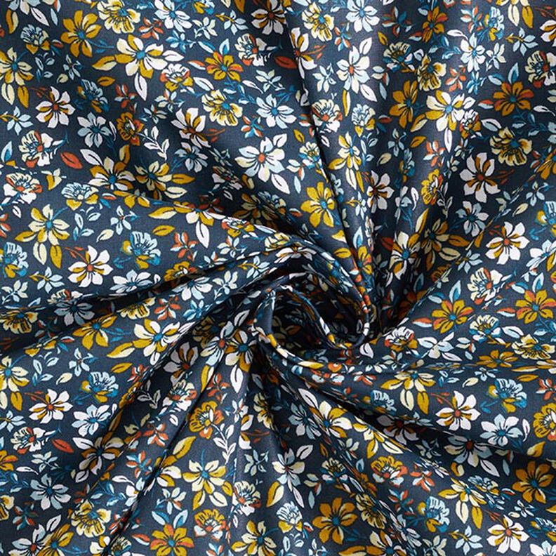Katoenen stof Cretonne kleine bloesems – zonnegeel/marineblauw,  image number 3