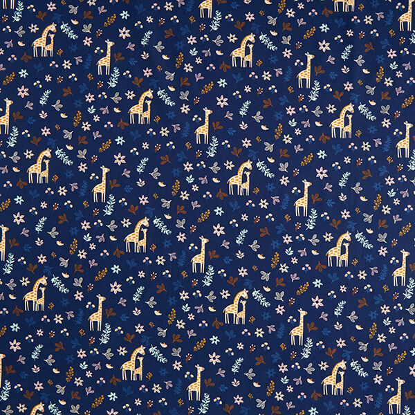 GOTS Katoenpopeline Giraf in de weide – marineblauw, image number 1