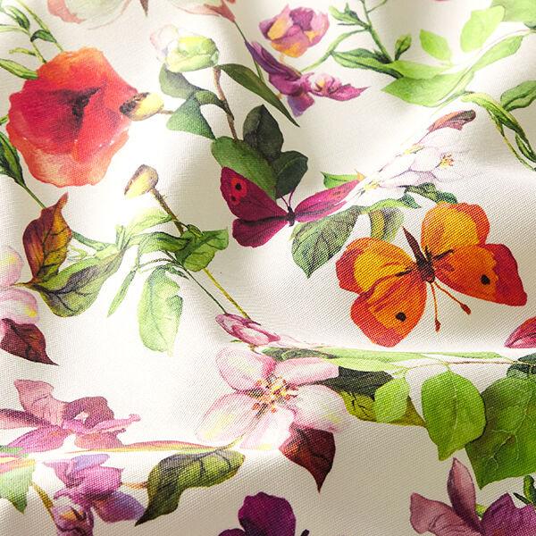 Outdoorstof Canvas Bloesems en vlinders – wit/lila,  image number 2
