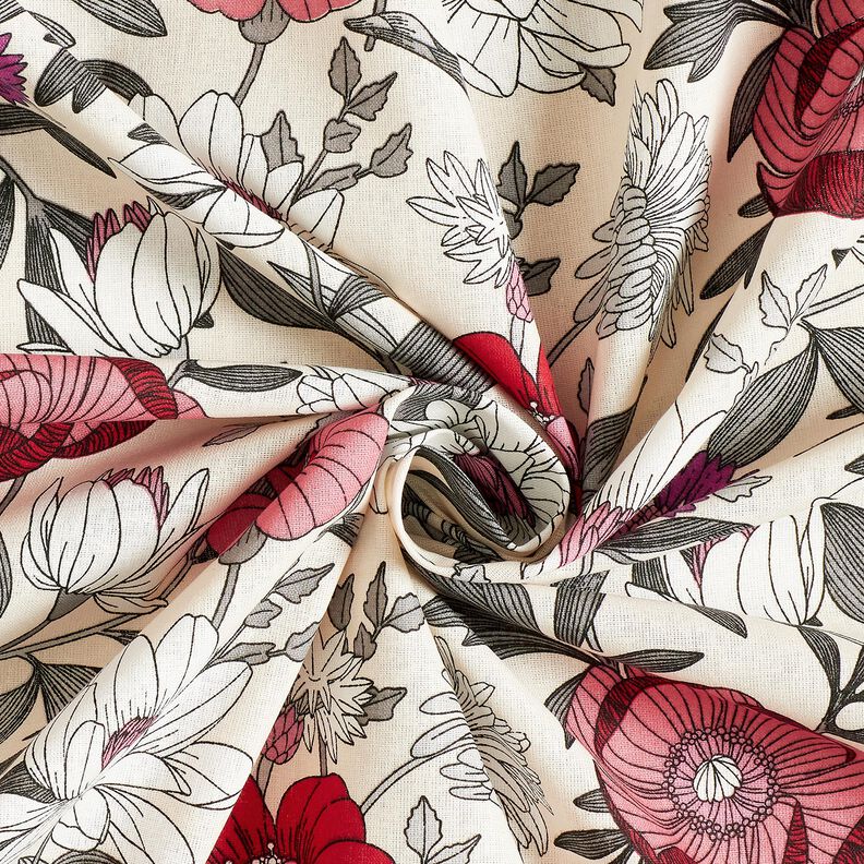 Katoenen stof Cretonne kleurrijke bloemen – druif/natuur,  image number 3