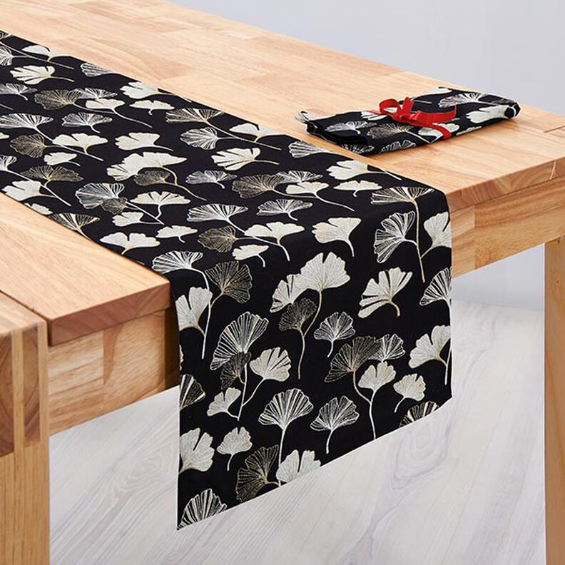 Decostof Jacquard Ginkgobladeren – zwart/goud,  image number 10