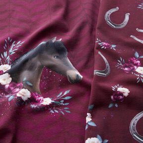 Katoenjersey Bloemen paarden Panel | Glitzerpüppi – bordeauxrood, 