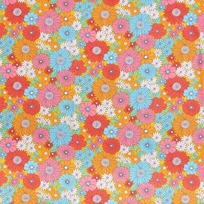 Katoenen stof Cretonne grote retrobloemen – turkoois/zonnegeel, 