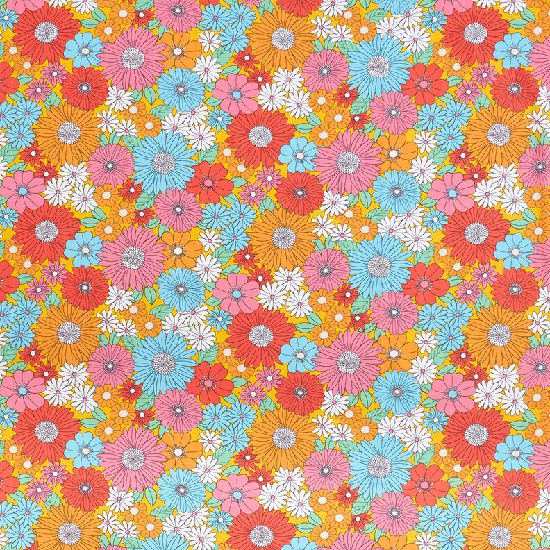 Katoenen stof Cretonne grote retrobloemen – turkoois/zonnegeel,  image number 1
