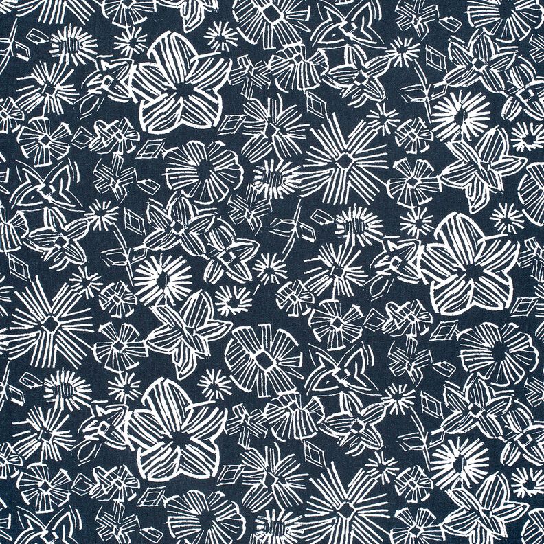 Viscose-linnen-mix getekende bloemen – nachtblauw/wit,  image number 1