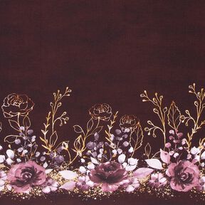 Katoenjersey Borduurstof Bloemen in gouden glitter | Glitzerpüppi – bordeauxrood/pastellila, 