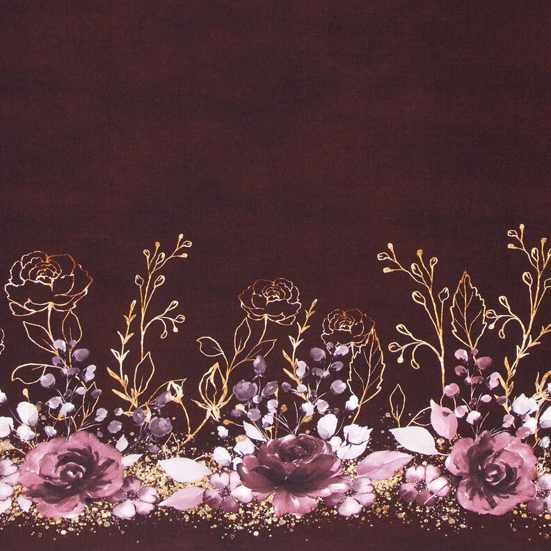 Katoenjersey Borduurstof Bloemen in gouden glitter | Glitzerpüppi – bordeauxrood/pastellila,  image number 1