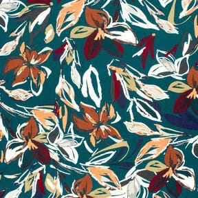 Viscosejersey moderne bloemen – petroleum/koper, 