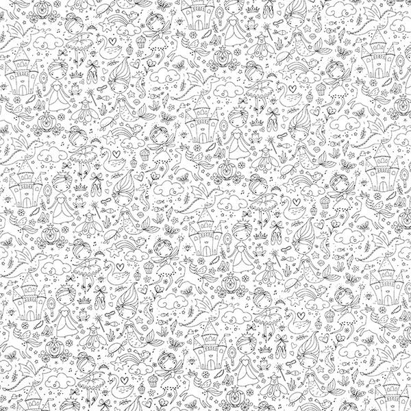 Katoenpopeline Kleurplaten sprookjeswereld – wit/zwart, image number 1
